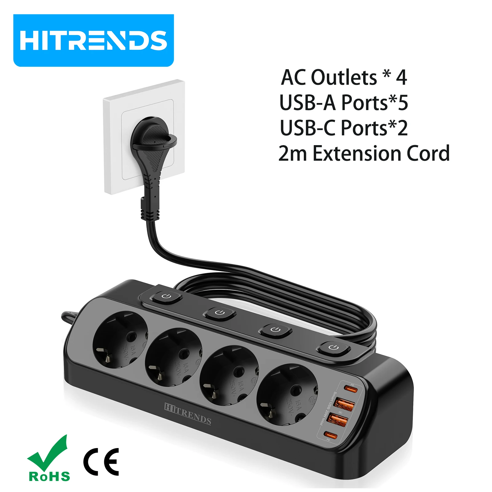 

Универсальный сетевой удлинитель HITRENDS с плоской вилкой европейского стандарта, 2-метровым кабелем, 4 розетками переменного тока, 2 USB-портами и 2 портами Type-C с быстрой зарядкой PD20W, угловая розетка.
