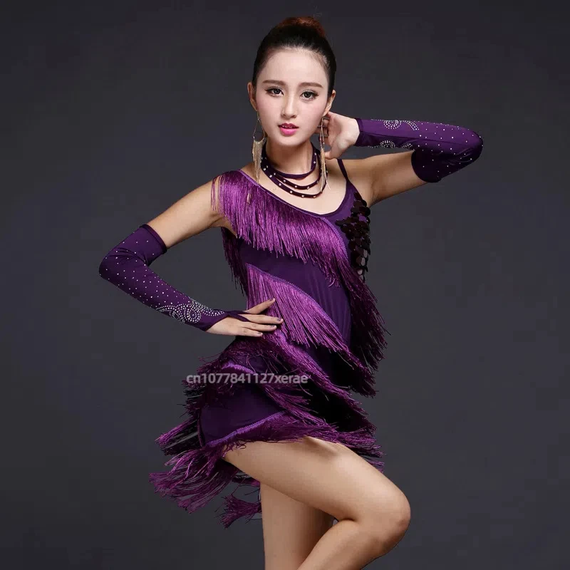 Costume de concours de spectacle de danse latine, robe à franges à paillettes pour femmes, jupe + gants + col + pantalon de sécurité, ensemble de danse latine