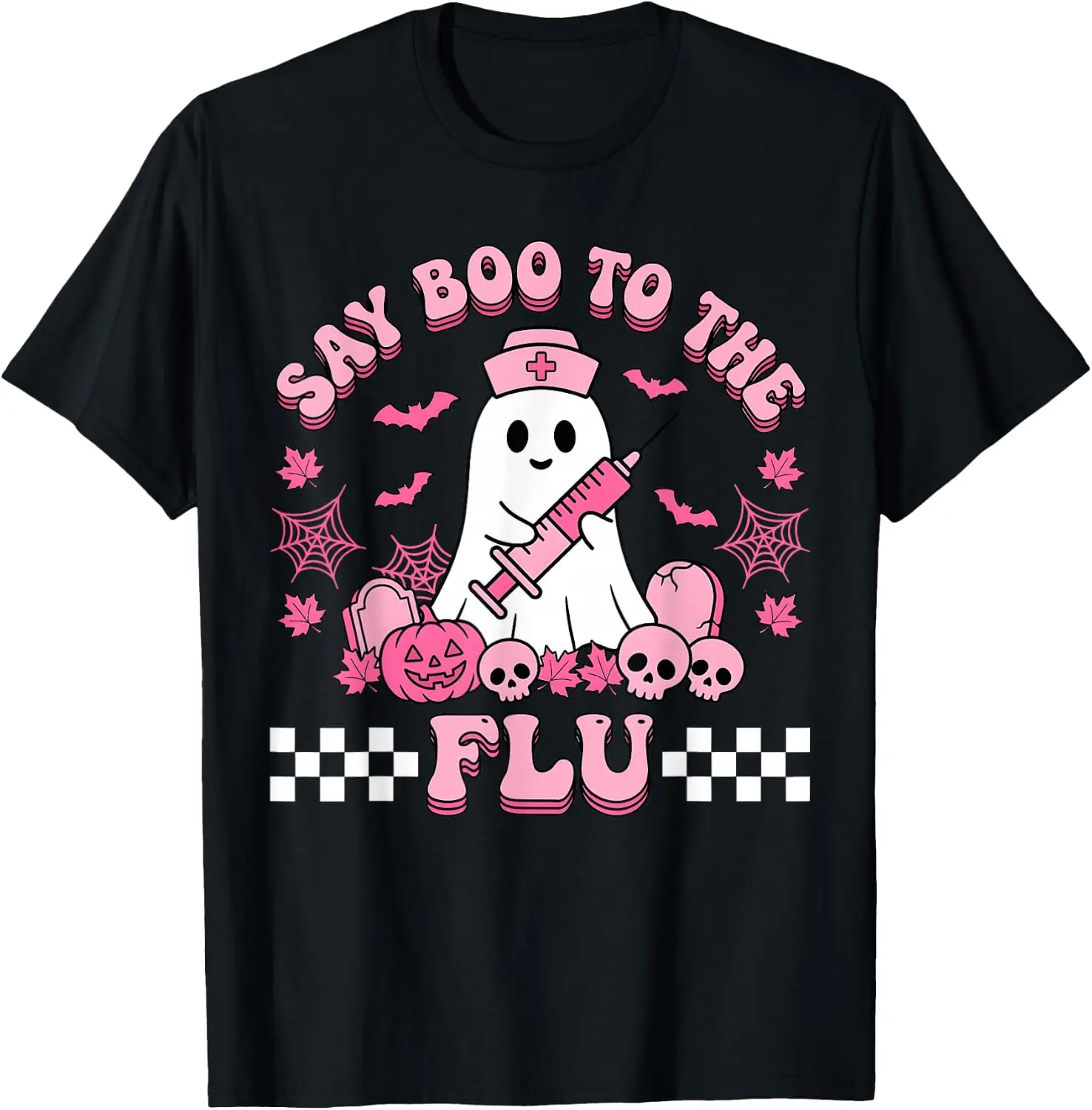 Say Boo To The Flu Funny Nurse Ghost Halloween Vaccine T-Shirt Breathable, heavyweight pure cotton short-sleeve top—stylish, plus-size, and suitable for year-round wear with a sporty, casual vibe