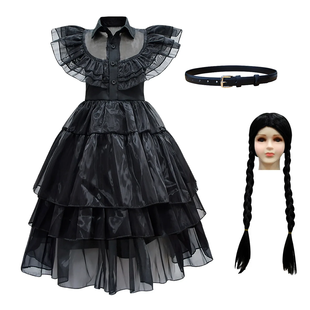 Kids Girls Movie Wednesday Addams Black Mesh Dress Wig Bag Set Outfit Children Princess Christmas Halloween Cosplay Costume