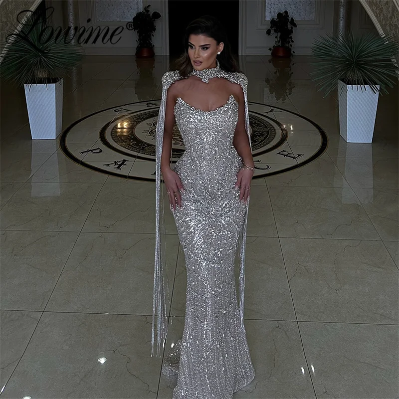 Silver Crystals Sparkly Prom Dresses Two Piece Mermaid Strapless Evening Gowns Women Celebrity Dresses Long Wedding Party Dress