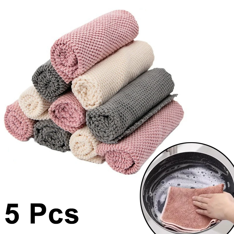 5 Pcs Dishcloth Ultra Soft Absorbent Kitchen Towel Household Cleaning Cloth Kitchen Tools Gadgets Wash Cloth Dish Rag