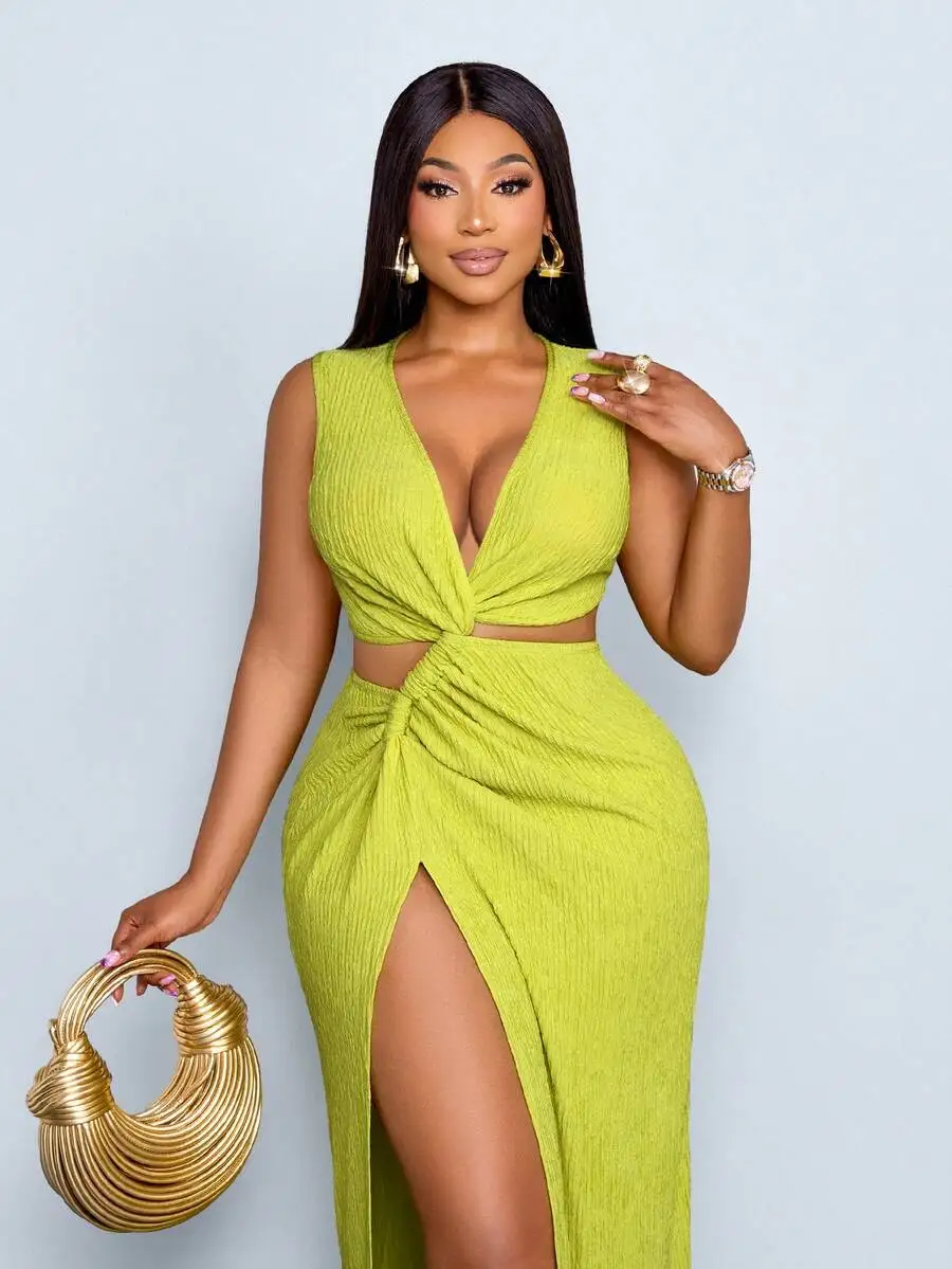 

Лаймово-зеленое текстурированное платье макси с завязками спереди и высоким разрезом для женщин