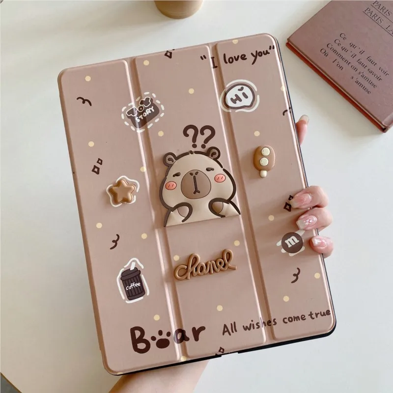 Capybara dessin animé mignon étui pour tablette pour ipad Pro airM2 Pro 12.9 airM3 2025 Air-M2 Air6 Pro(M4) Pro 13in2024 stylo plateau étui en cuir
