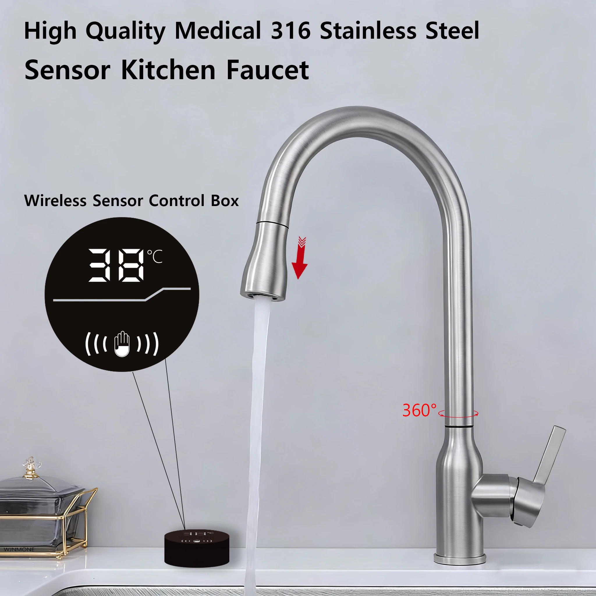 

Luxury Brushed Nickel Smart Sensor Kitchen Sink Faucet Drop Down 360° Rotating Mixer Taps Deck Mounted Induction Kitchen Faucets