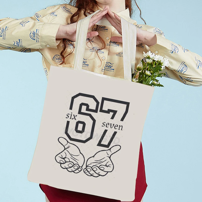 

Vintage 67 Print Tote Bag Large Capacity Six Seven Trend Shoulder Shopping Bag for Men Women Reusable Fashion Student Handbag