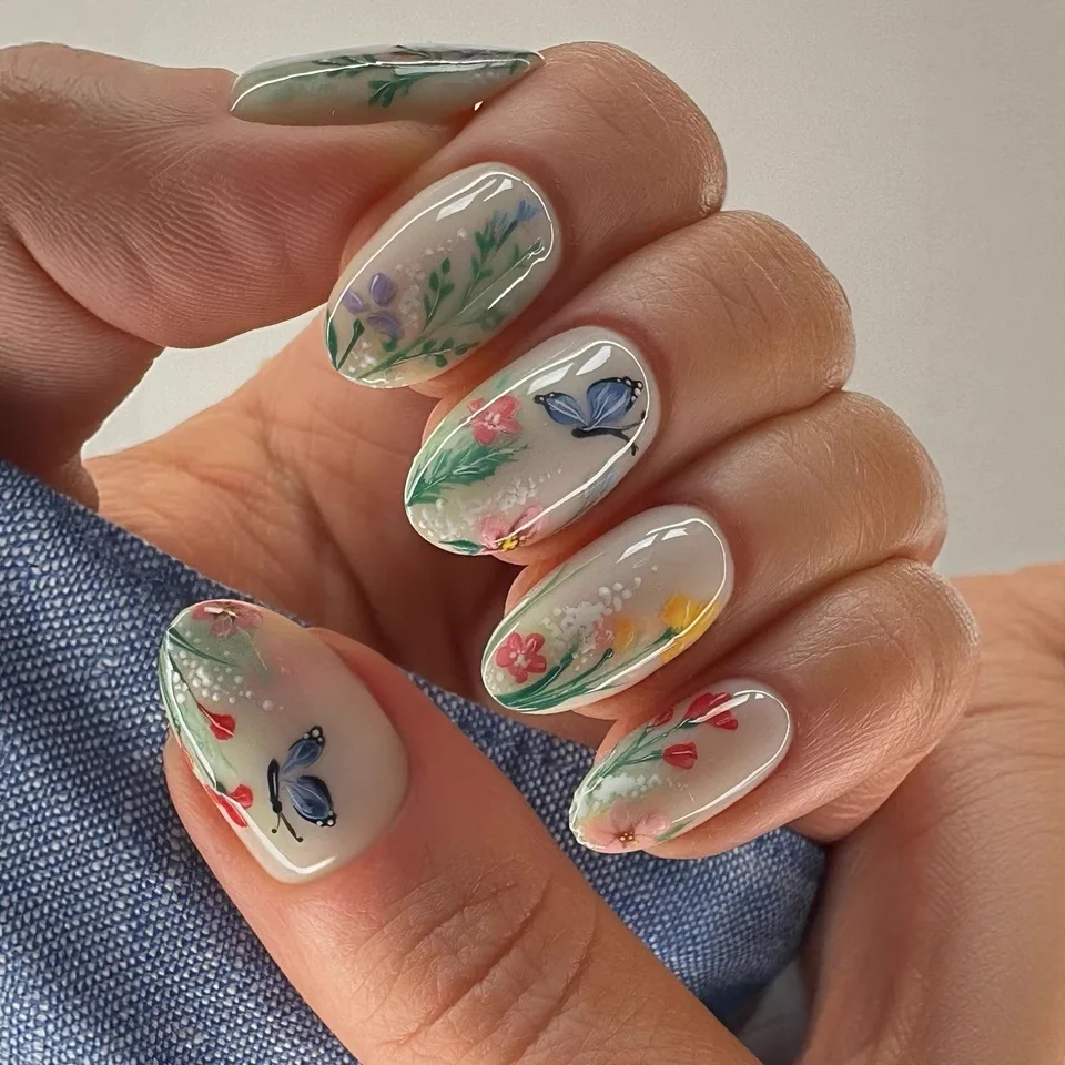 24 piezas uñas postizas en forma ataúd, longitud media, con puntas francesas blancas, impresas con flores rosas y blancas, para primavera/verano, manicura DIY 3