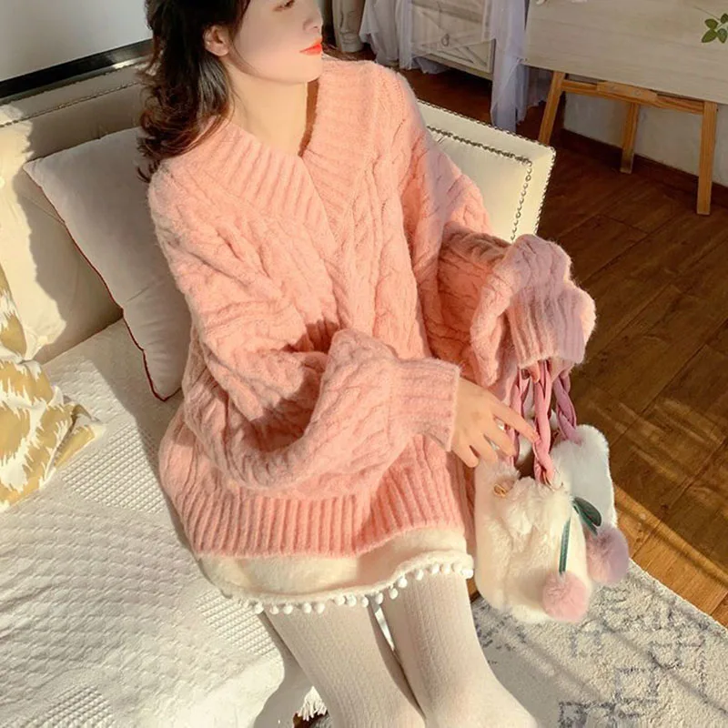 Pink Kawaii Oversize Knitwear Sweaters Women Sweet Cute Big Bow Pullovers Autumn Winter Keep Warm Lantern Sleeve V-Neck Sweater