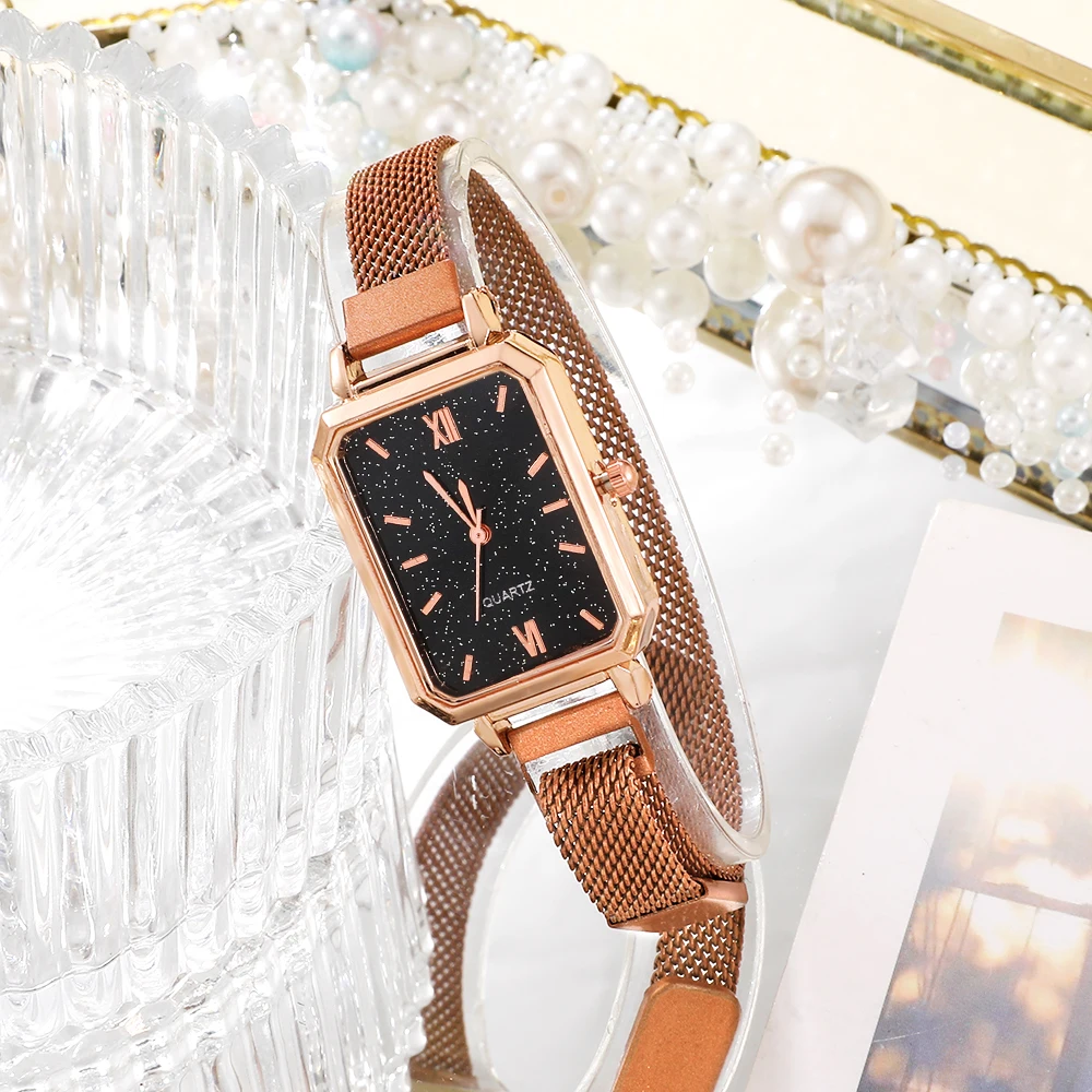 Women Watches Fashion Square Ladies Quartz Watch Bracelet Set Green Dial Simple Rose Gold Mesh Luxury Women Watches