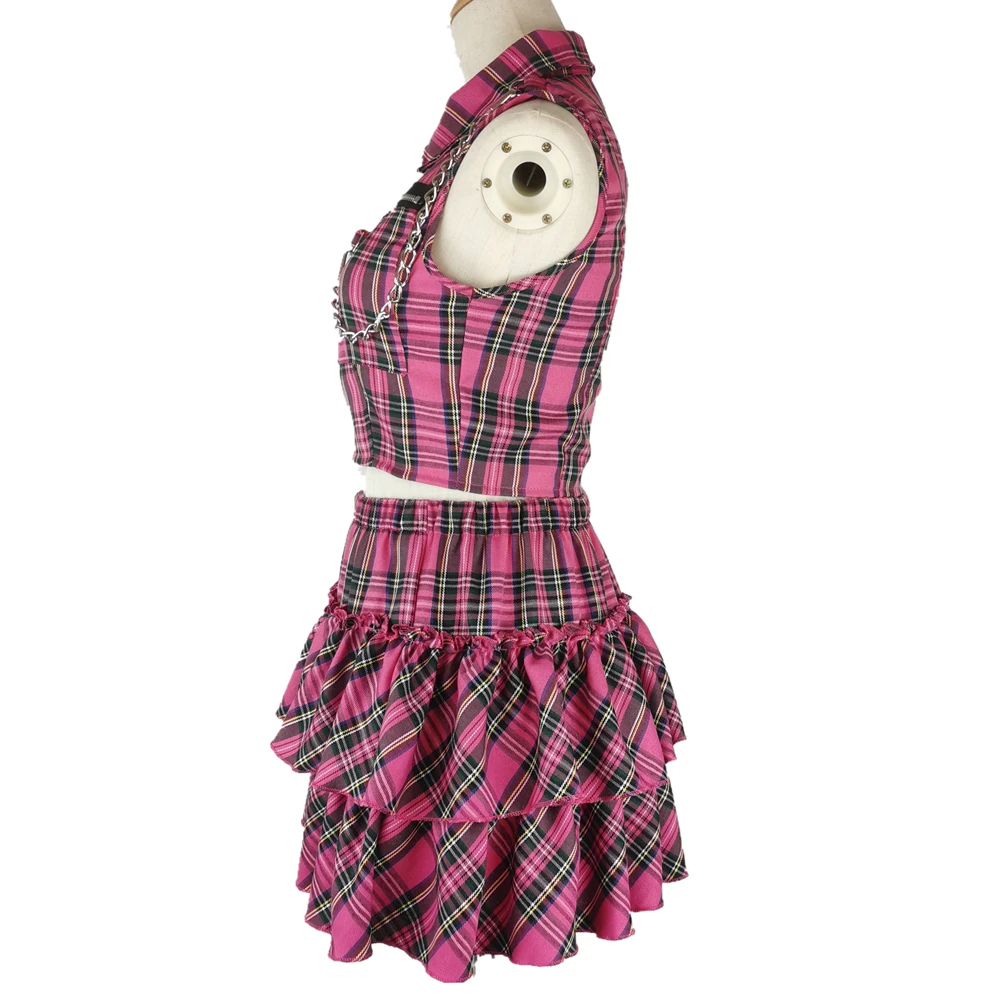 Women Pink Sexy Punk Gothic Zipper Sleeveless Suit Sweet Personality Chain Sleeveless Short T-shirt Streetwear Plaid Skirts