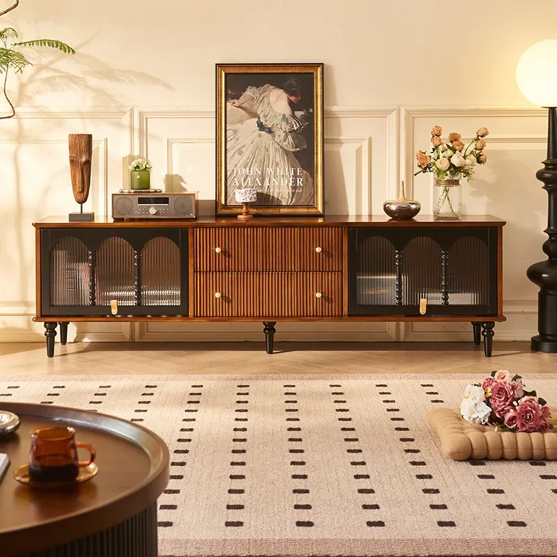for French Medieval Solid Wood TV Cabinet with Drawers Living Room Wall Mounted Audio Visual Cabinet for American Retro