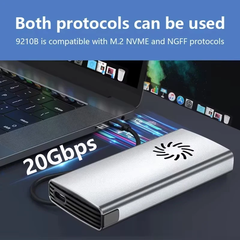 10gbps/20gbps m.2 m/b + m-key ssd caso m2 nvme sata gabinete de disco rígido externo adaptador de protocolo duplo com ventilador de refrigeração para o jogo