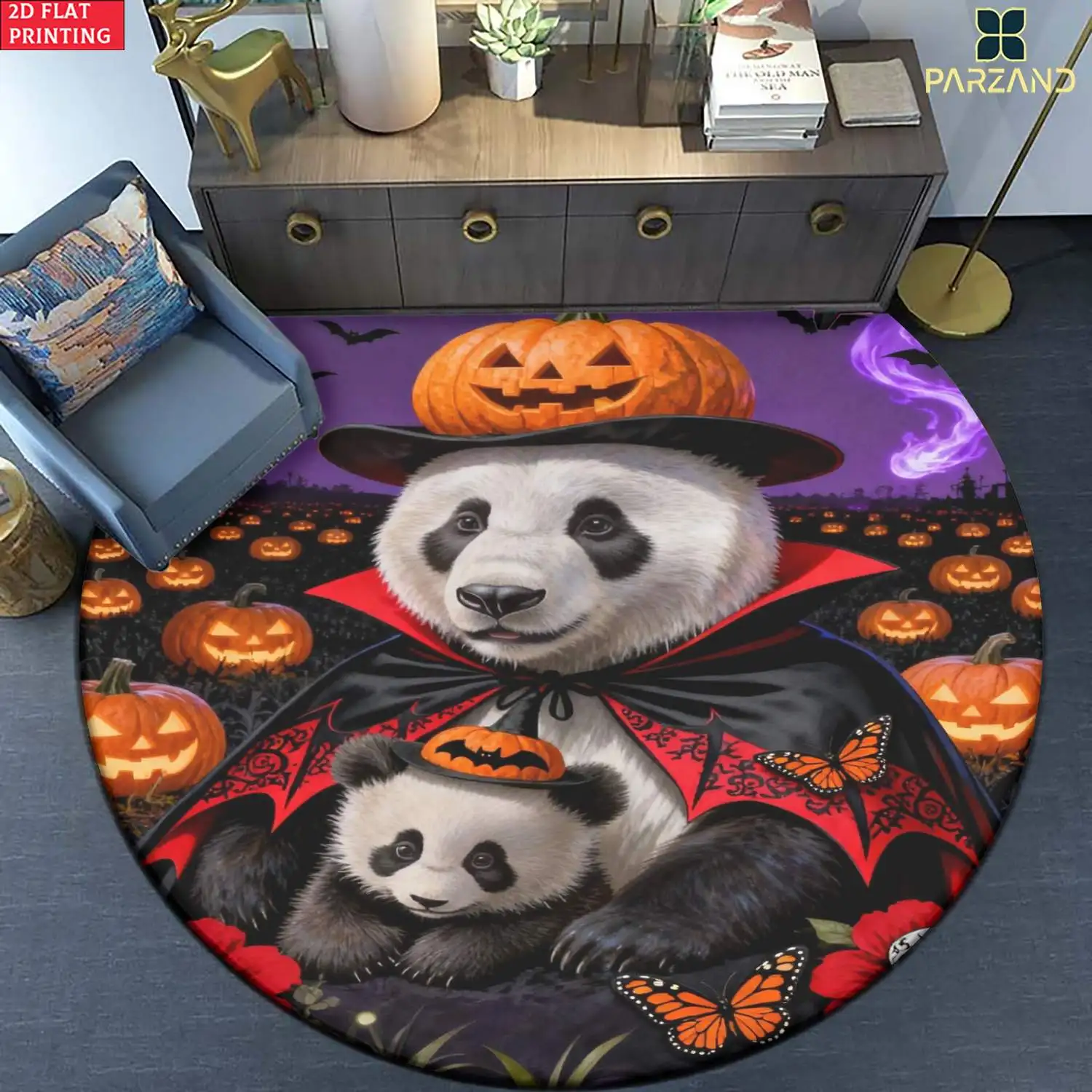Cute Panda Halloween Pumpkin Autumn Round Polyester Pet Mat Decorative Floor Rug for Nursery Kids Home Decor Gift Supplies