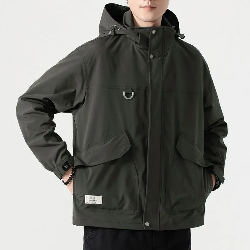 

Осенне-весенняя модная однотонная водонепроницаемая и ветрозащитная куртка с капюшоном, мужская свободная спортивная одежда больших размеров высокого качества