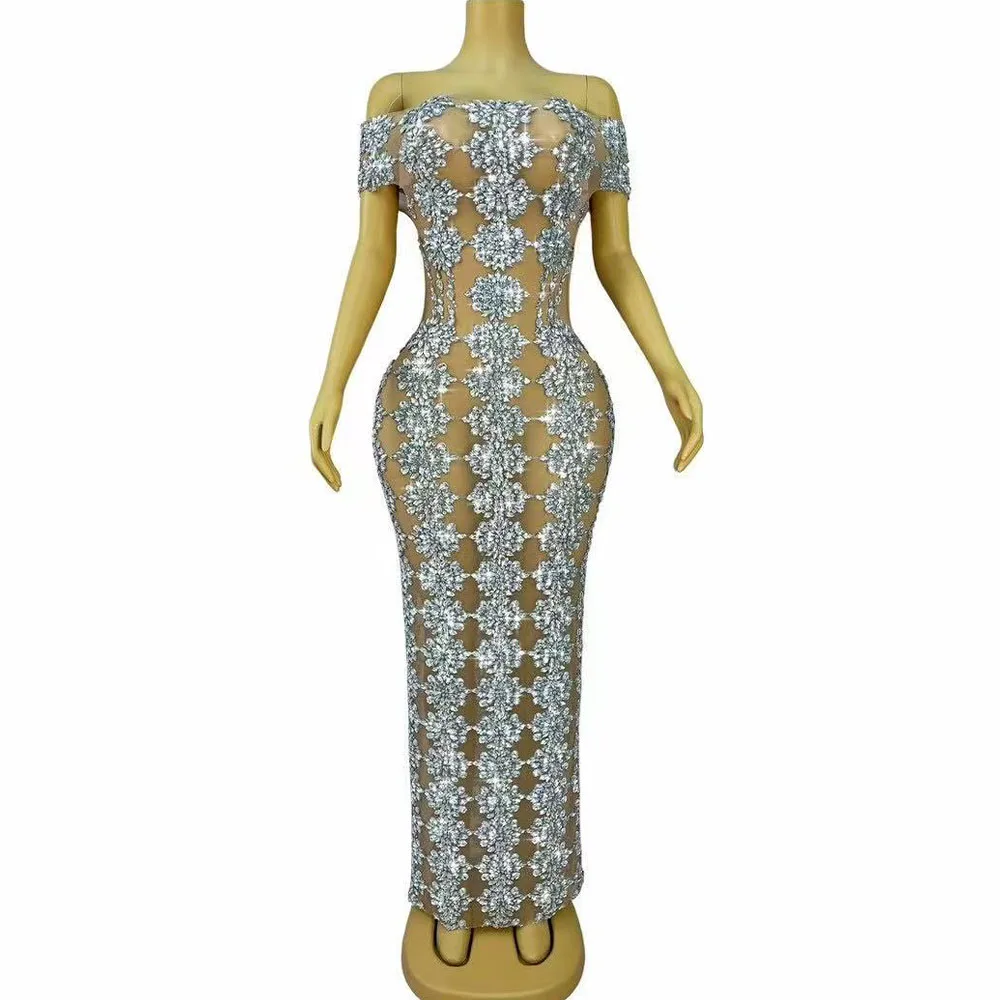 Luxus Sparkly Strass Mesh Off Schulter Kleid Frauen Sexy Nachtclub Party Dance Performance Kostüm Sänger Tänzer Bühne Tragen