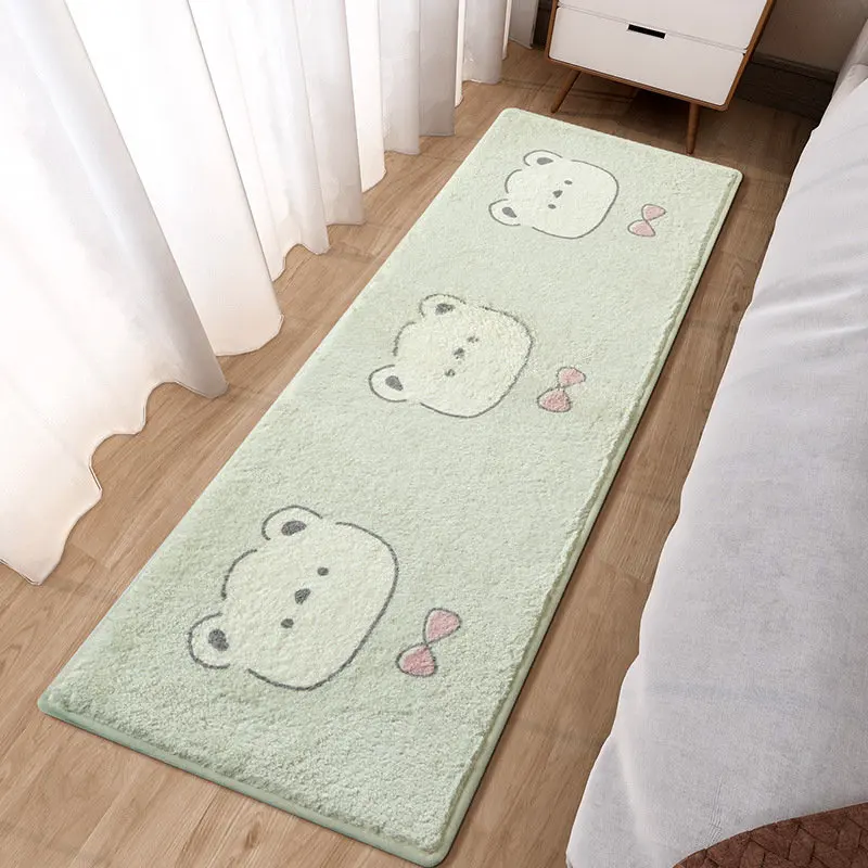 VIKAMA Cute Mint Green Bear Face Pink Bow Runner Rug, Soft Fluffy Plush Non Slip Long Carpet, Washable Kids Girls Bedroom Mat