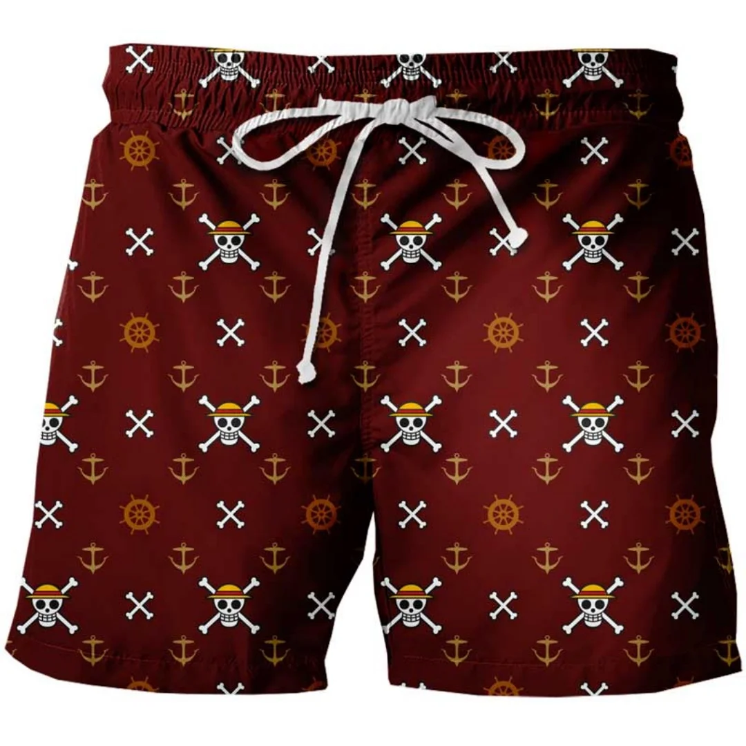 Anime One Piece Skull Full Print Beach Shorts,  Swim Trunks, Breathable Casual Summer Shorts For Men Outdoor Travel Sports Wear