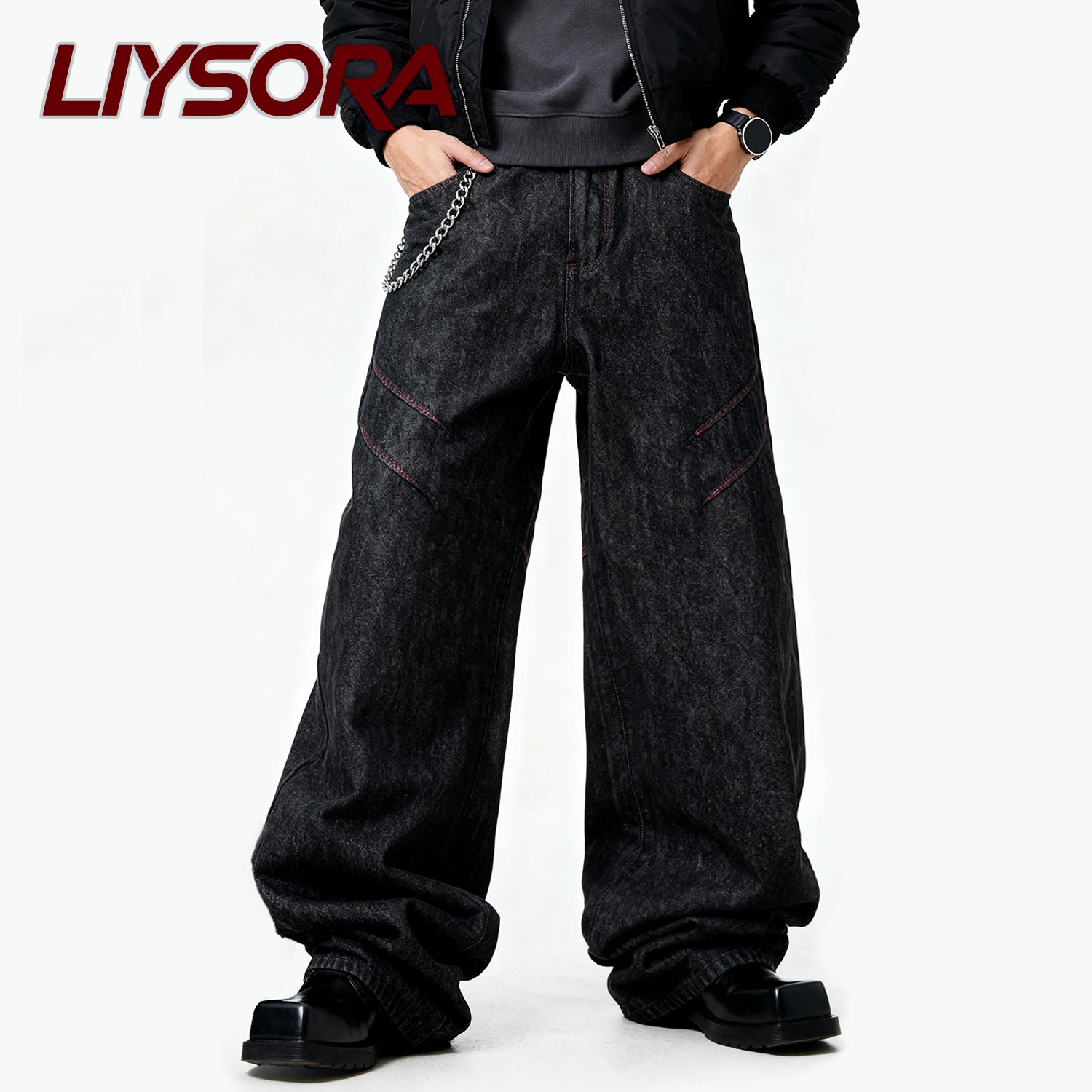 

Four Seasons American Retro Men's Black Baggy Wide-Leg Jeans High Street Business Leisure Classic Basic Work Denim Pants Unisex