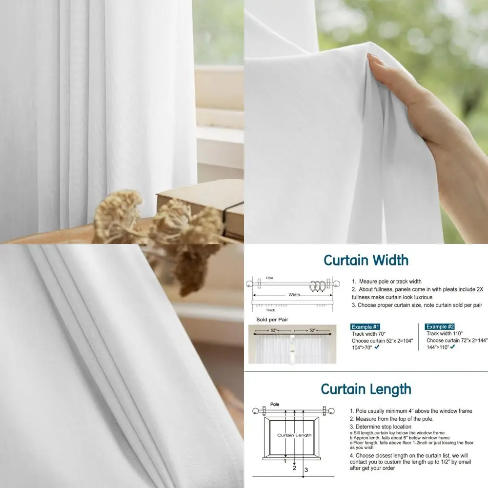 ستائر شفافة أنيقة من مزيج الصوف القطني الأبيض الناعم، عرض 42 بوصة × طول 102 بوصة، طقم مكون من قطعتين لديكور المنزل