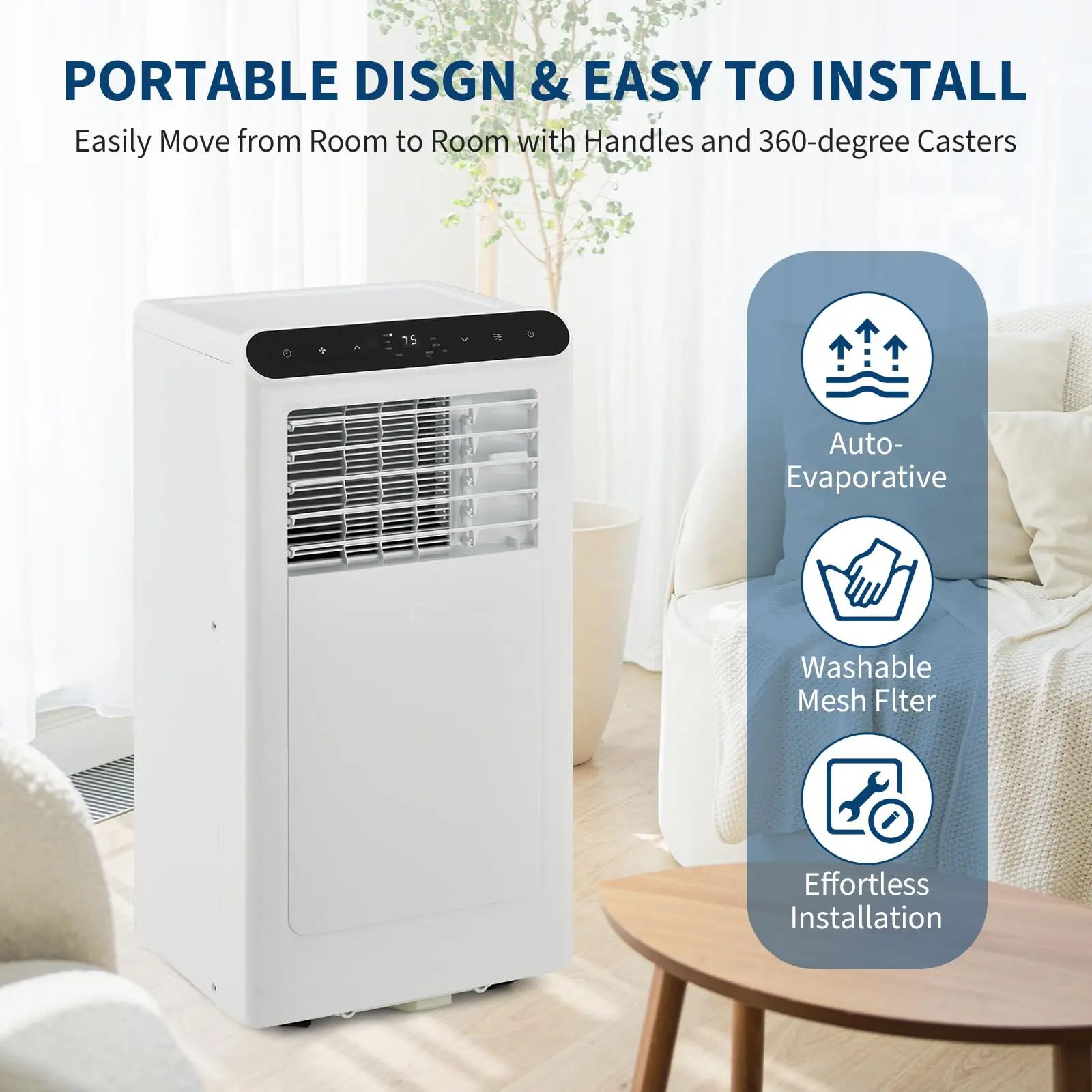 Portable Air Conditioner 8000 to 12000 BTU 3 in 1 for 250 to 350 Sq Ft Silent Cooling Dehumidifying Fan