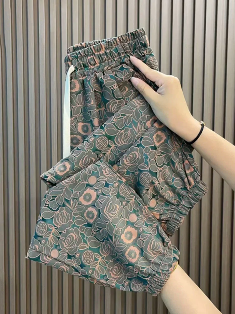 2025 Loose Casual Print Pants Wide-leg High Waist Drape Cropped Pants Women All Match Aesthetic Fashion Trousers Female Summer