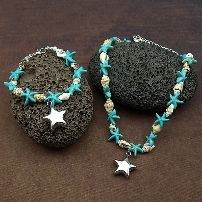 Little Star Heart Conch Starfish Bracelet Necklace For Women Girls Beach Party Charm Handmade String Rope Chains Jewelry