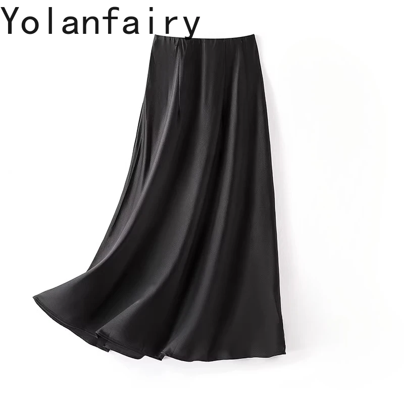 

Юбка YOLANFAIRY из 93% натурального шелка тутового шелкопряда, женская, модная, летняя, атласная, черная, в корейском стиле, А-силуэт, коллекция 2026 года