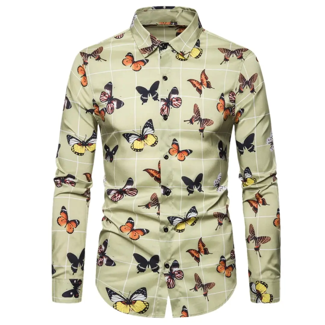 2025 New Fashion All-match Butterfly Print Men\'s Long Sleeve Shirt Casual Party Street Hawaiian Polo Collar Shirt Polyester