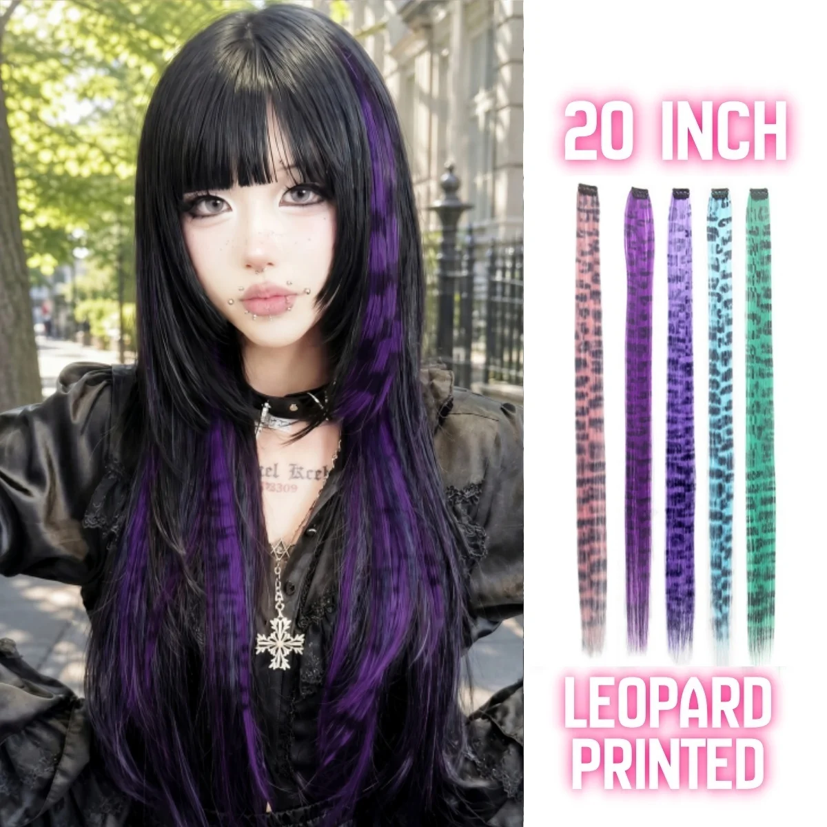 2PCS/7PCS 20inch Colorful Leopard Print Hair Extensions Synthetic Wig Clip in Hiarpiece Halloween Party Daily Wear