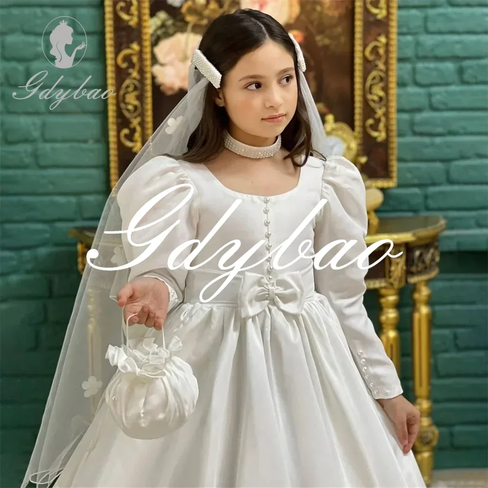 Księżniczka Długi bufiasty rękaw A Line Bow O Neck Pleat First Communion Dress Floor Length Long Ball Wedding Party Flower Girl Gown