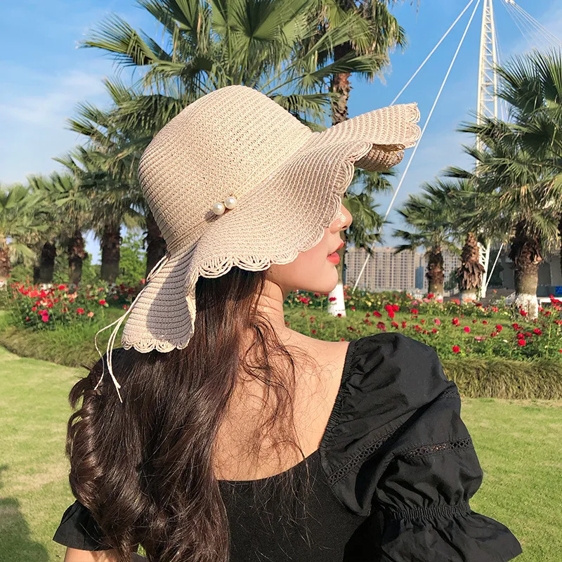 Summer New Children's Sun Hat Kids Wave Large Brimmed Straw Hat and Bag Sets Girls Sunscreen Beach Hats Baby Hand-knitted Cap