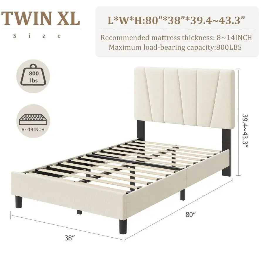XL Size Platform Bed Frame with Upholstered Headboard