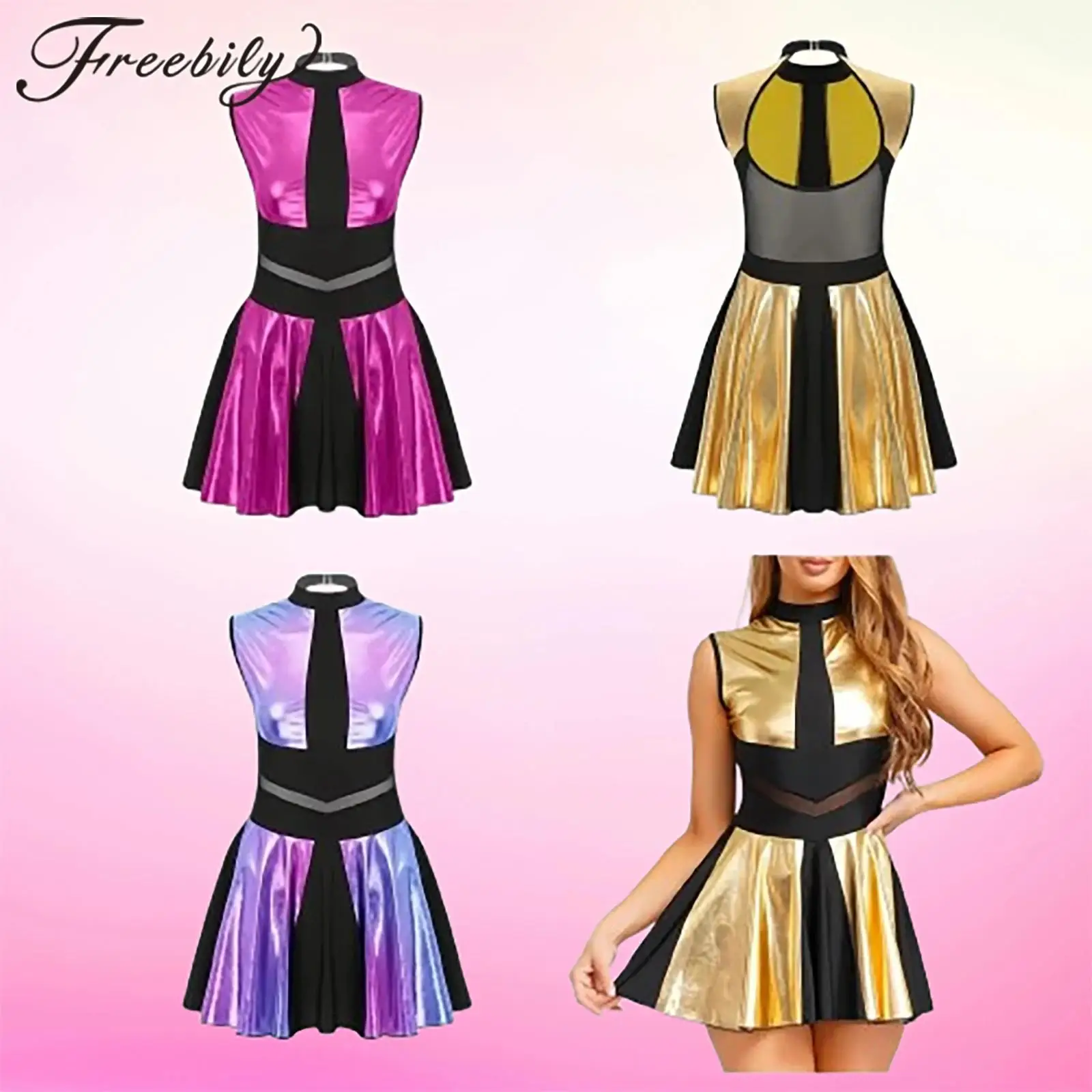

Womens Halloween Clubbing Mini Dresses Alien Costumes Metallic Outer Space Shiny Dress Party Role Play Astronaut Cosplay Costume