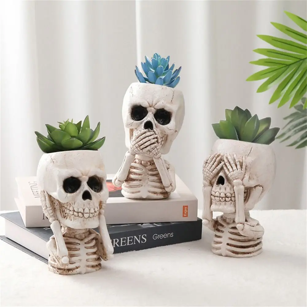 

Cute Halloween Flower Pots Skeleton Gothic Sculptures Skull Head Resin Craft Decoration for Home Garden Office