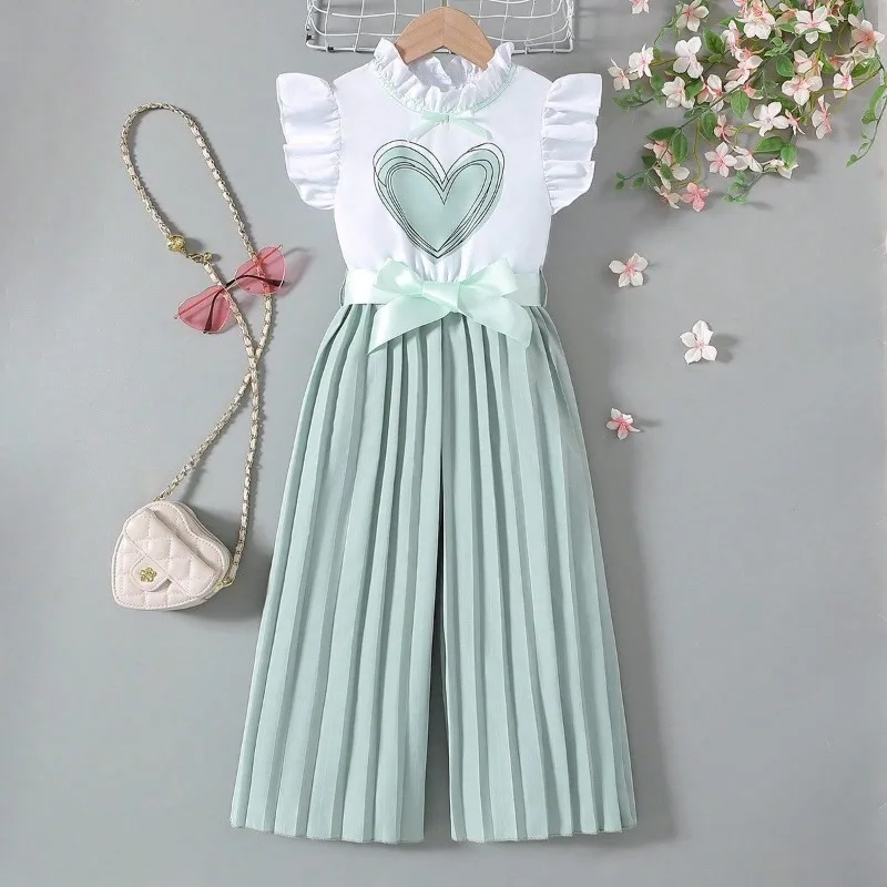 

2026 European and American Style Girls' Flutter Sleeve Peter Pan Collar Top with Pleated Wide-Leg Pants and Belt (Jumpsuit)