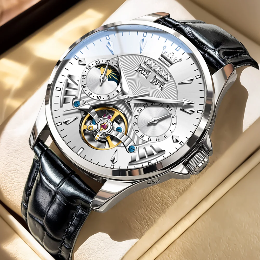 OLEVS Skeleton Automatic Watches Men Hollowed Flywheel Moon Phase Dual Calendar Luxury Business Men's Mechanical Wristwatch 7103