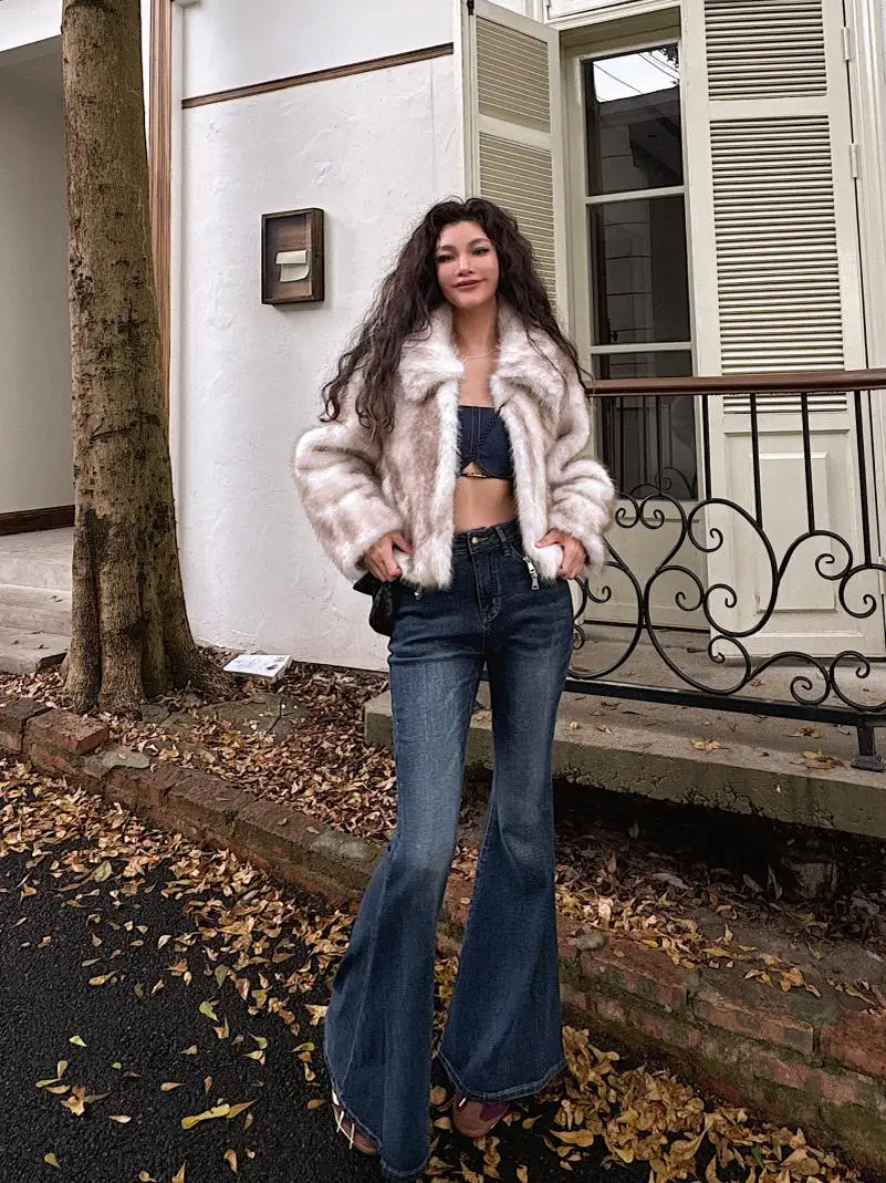 Tall Women's Comfortable Soft Stretchy Long Bell Bottom Jeans Blue Casual High Waist Denim Fabric Four Seasons Wear Washed ...