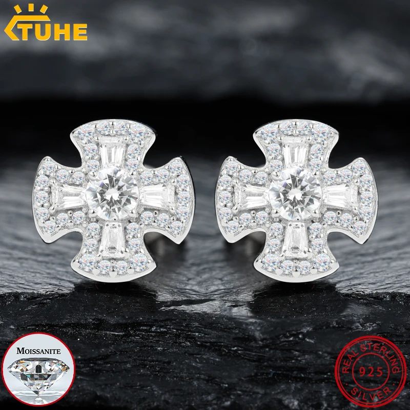

TUHE Unisex High Quality Luxury Cross VVS1 Moissanite Eearring 925 Sterling Silver Earrings For Women Silver 925 Jewelry