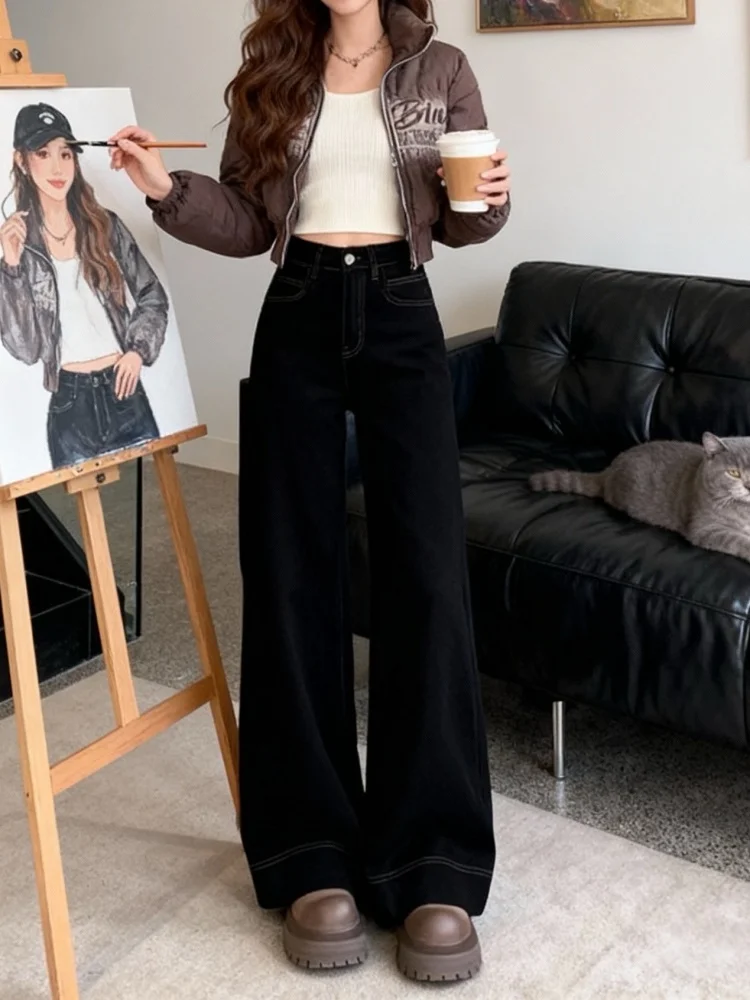 جينز Bla Fce مبطن بأرجل واسعة سروال نسائي شتوي للتخسيس للجسم على شكل كمثرى عالي الخصر من قماش الدنيم الأمريكي