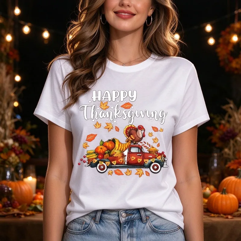 Happy Thanksgiving Turkey Truck Modal Women T-Shirt Fall Harvest Pumpkin Leaf Print Casual Family Thanksgiving Graphic Tee