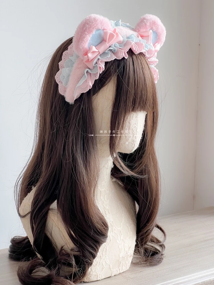 Original Handmade Lolita Bear Ear Lace Headband Cute Bow Kc