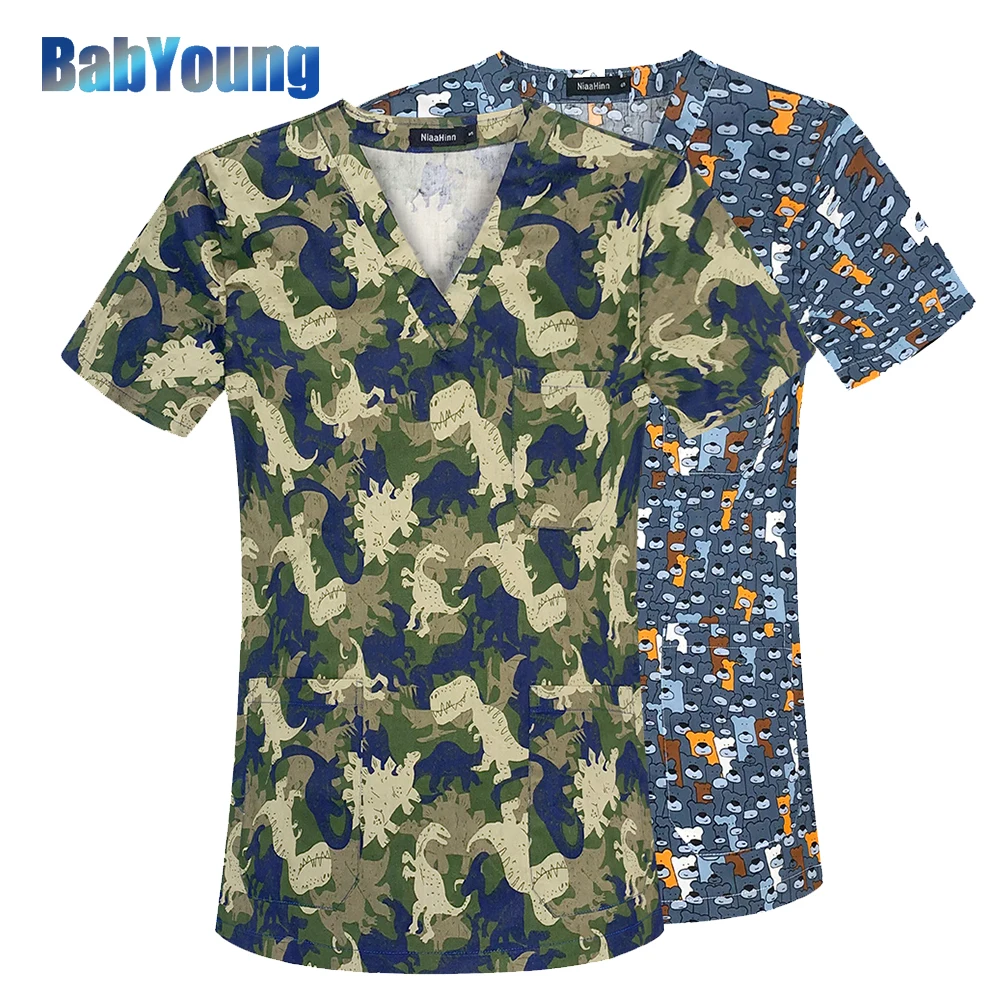 Camouflage Dinosaurus Patroon Hoge Kwaliteit Groothandel Scrub Top Dierenarts Unisex Cartoon Medisch Uniform Korte Mouw Tops