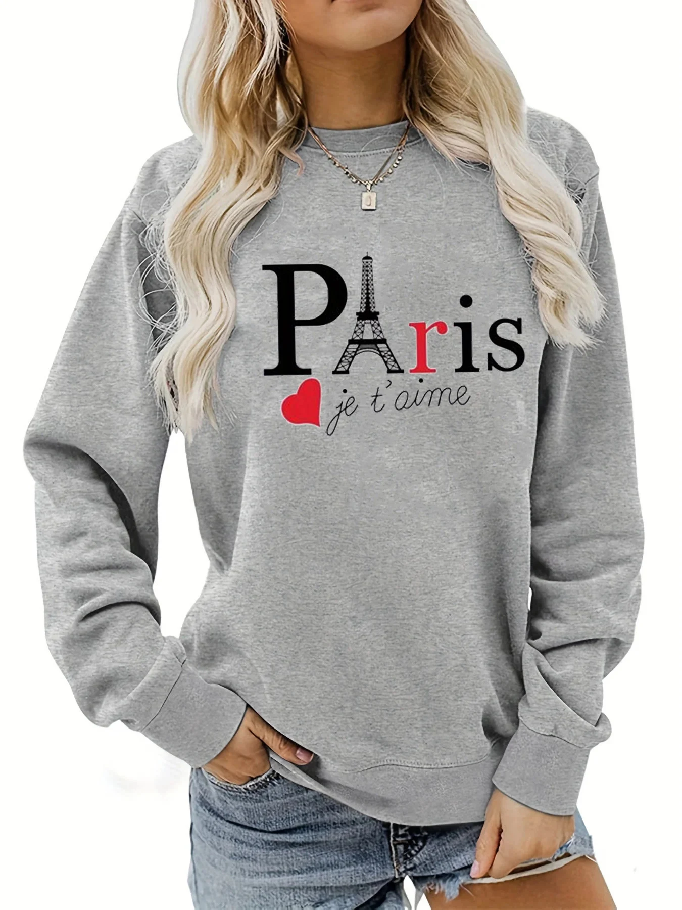 Women's Autumn and Winter Casual Loose, Comfortable and Warm Paris Pattern Printed Round Neck Long Sleeved Pullover