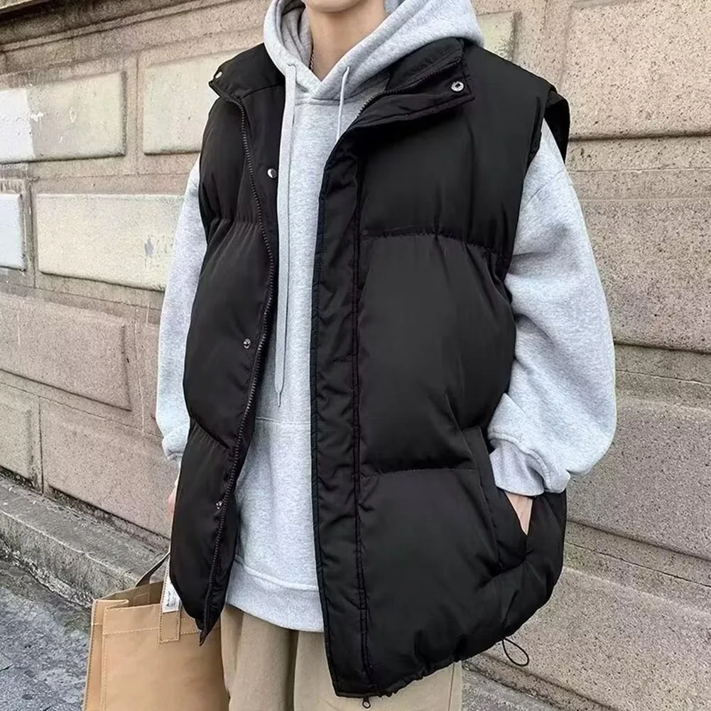 Men Thick Warm Stand Collar Sleeveless Vest Solid Color Loose Casual Jacket Outerwear For Spring Daily Office Wear