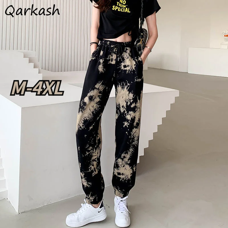 Calças femininas M-4XL tie-dye casual estilo coreano outono streetwear retro unisex cintura alta harajuku feminino simples em linha reta ins