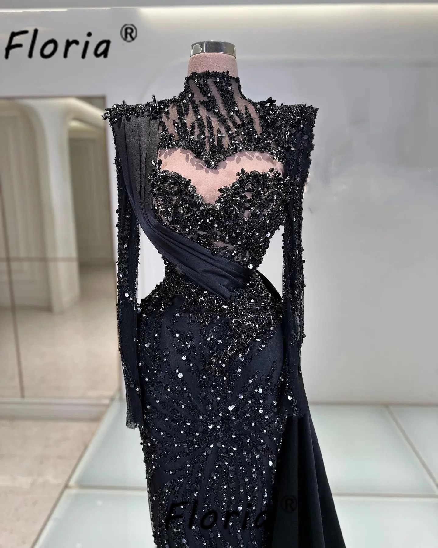 

Элегантное черное вечернее платье русалки с бисером и жемчугом, со шлейфом по бокам, с длинными рукавами, свадебные платья в Дубае, вечернее платье по индивидуальному заказу