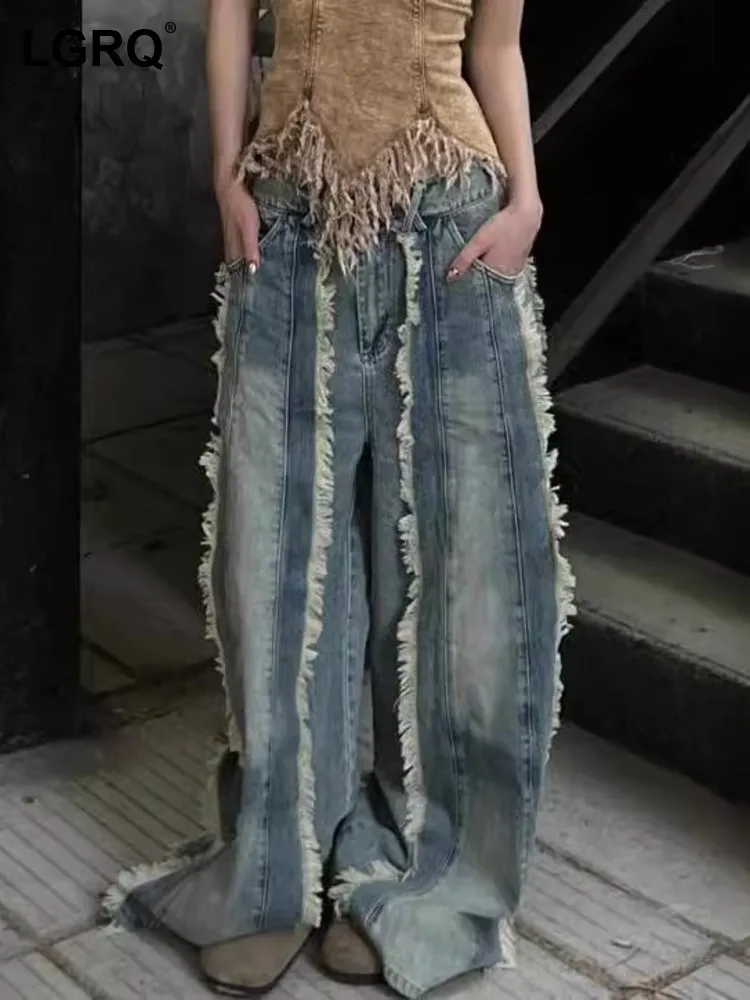 LGRQ 2025, Frühjahr Neue Frauen Volle Länge Denim Hosen Quasten Gespleißt Taschen Distressed Waschbar Breite Bein Hosen Weibliche 19ZZ1699