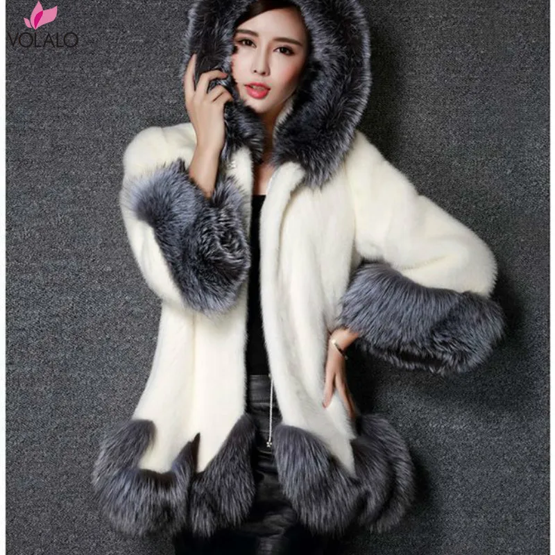 

VOLALO High Imitation Fur Coat Women Silver Fox Fur Collar Hooded Mink Fur Faux Fur Coat Fedorova Medium-long Overcoat 2024