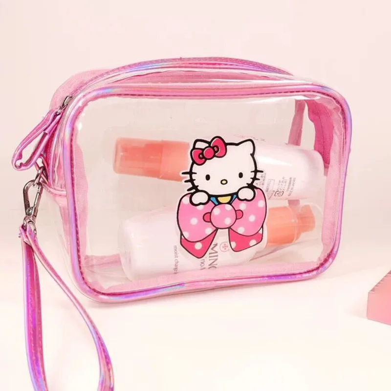 Kawaii Sanrio Hello Kitty borsa per il trucco PVC trasparente Cute Strawberry Bow Cartoon Print Portable Large Capacity Washbag Girl Gift