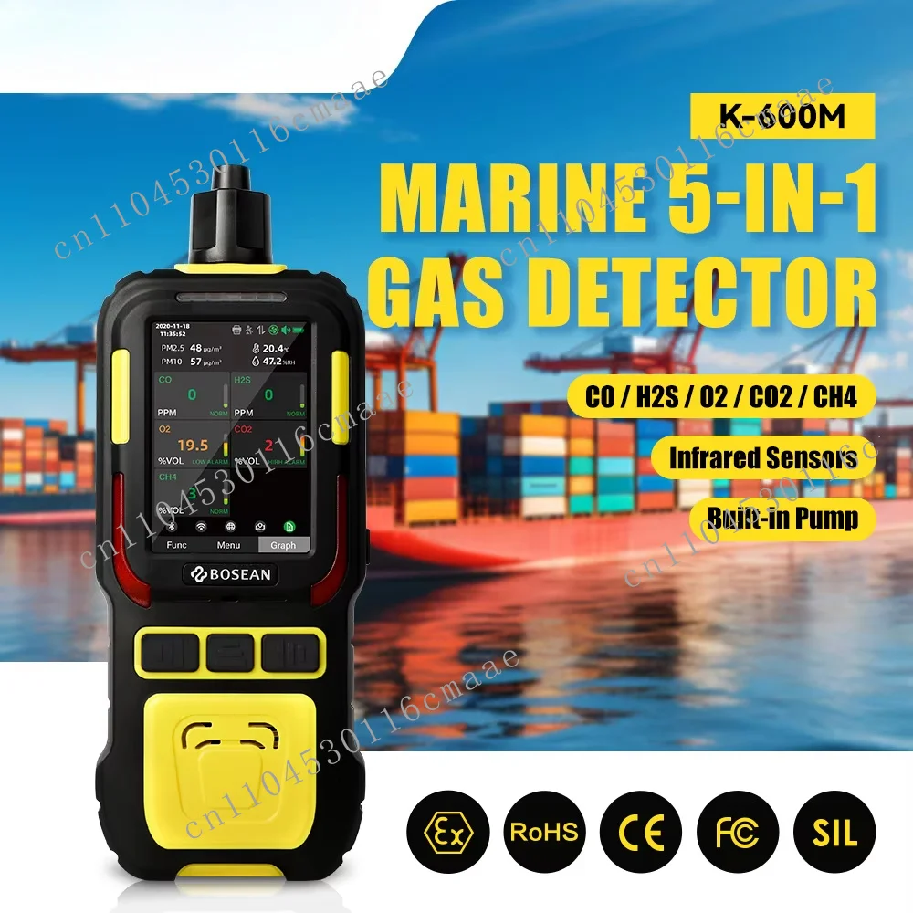 K-600M Marine gas detector 5 in 1 CO H2S O2 CO2 CH4 NDIR pump, built-in sound and light vibration alarm, ship safety